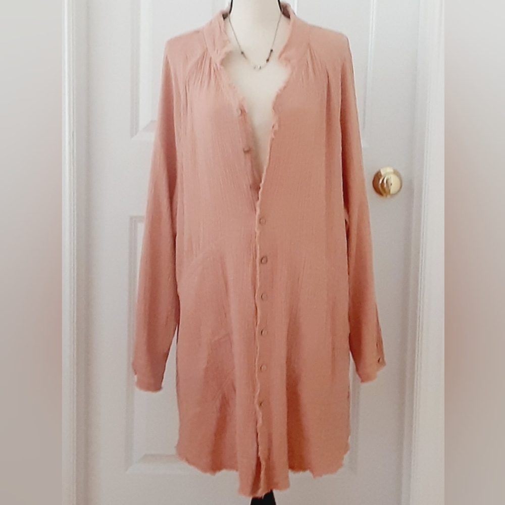 Cotton Muslin V-neck Button Down Tunic Long Sleeve Size Large Pink Clay